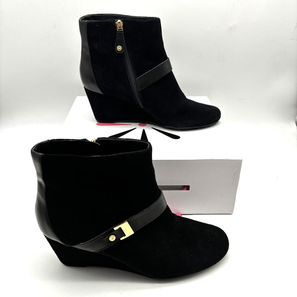 NEW Isaac Mizrahi 'KOI' Black Suede Leather Wedge Zip Up Ankle Boots Women's 10W